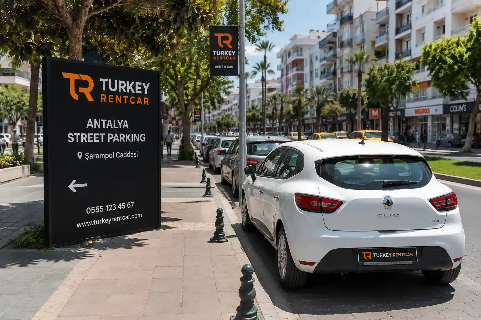 Cars parked along a sunny street in central Antalya