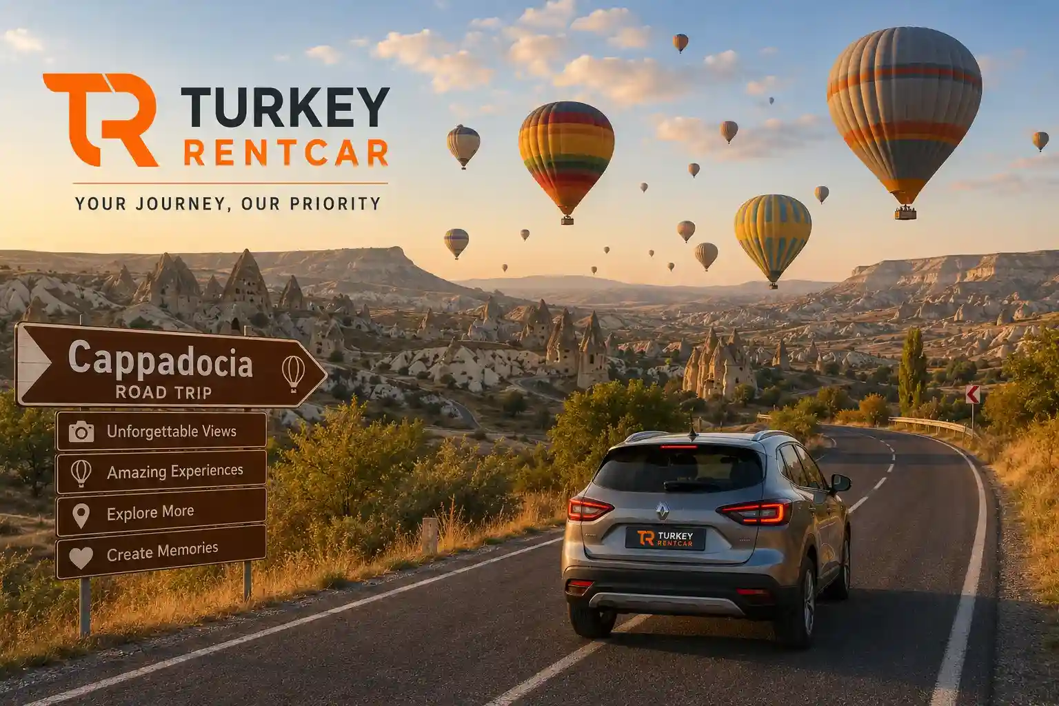 Quiet road in Cappadocia with tourist car and scenic rock formations