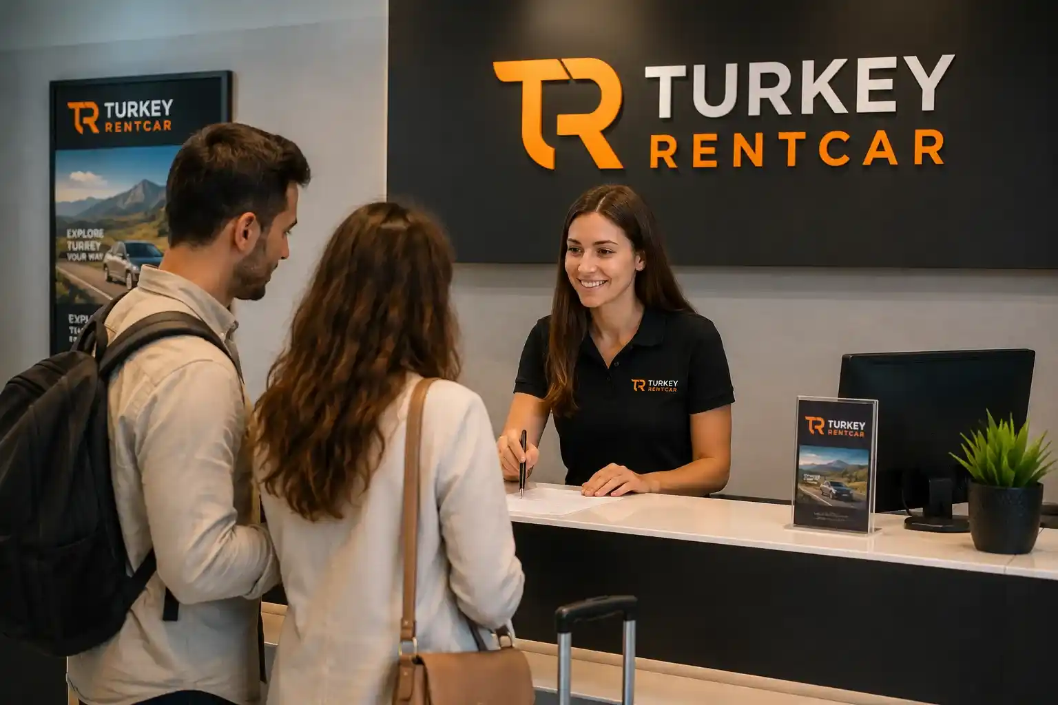 Tourist renting a car at a rental desk in Turkey