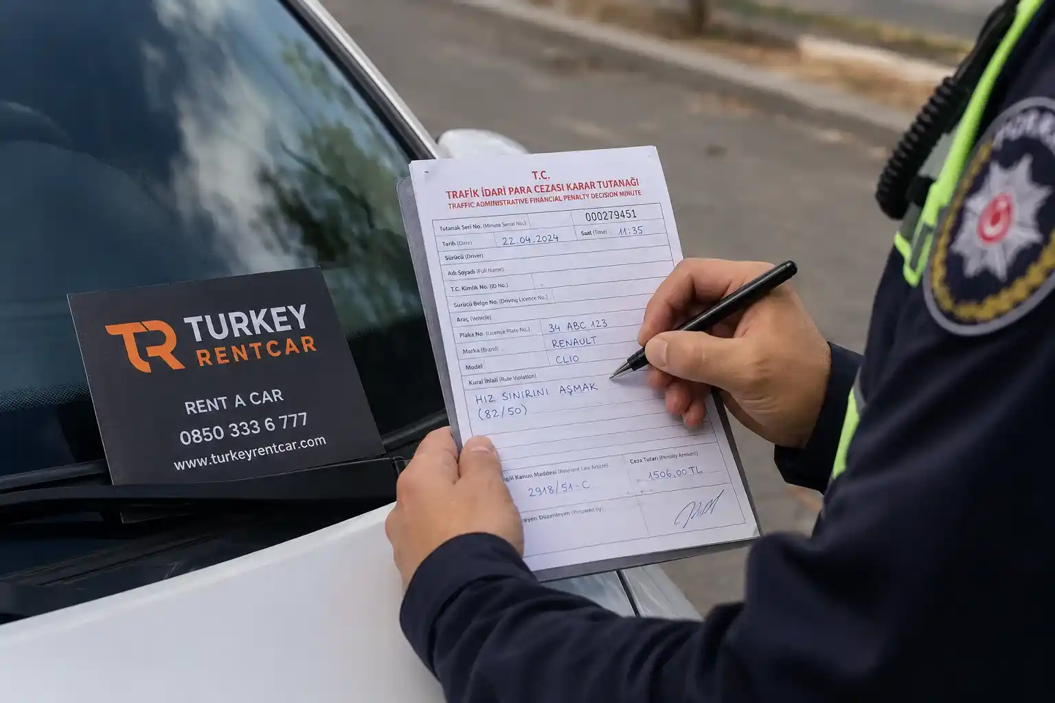 Turkish traffic fine ticket next to car keys and a bank card